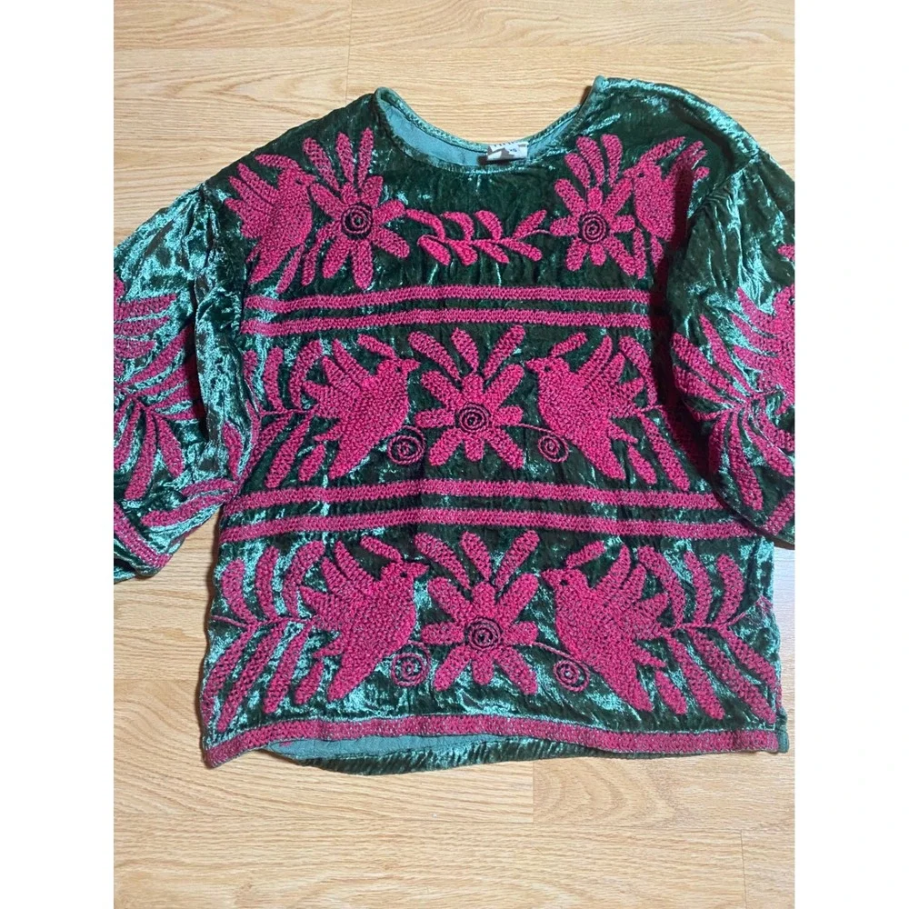 Sister Mary Green Crushed Velvet Embroidered Bird Floral Puff Sleeve Top XS